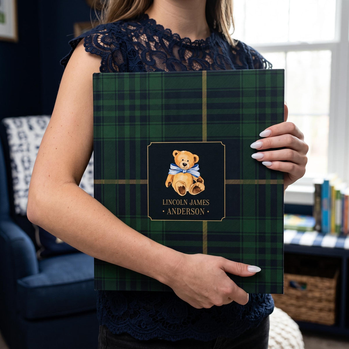 Teddy bear tartan plaid personalized baby book binder