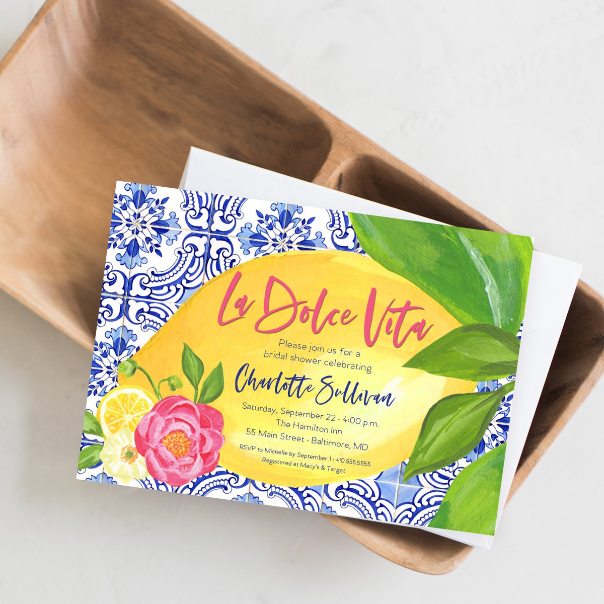 Tuscan lemon floral fuchsia Portuguese tile digital bridal shower invitation