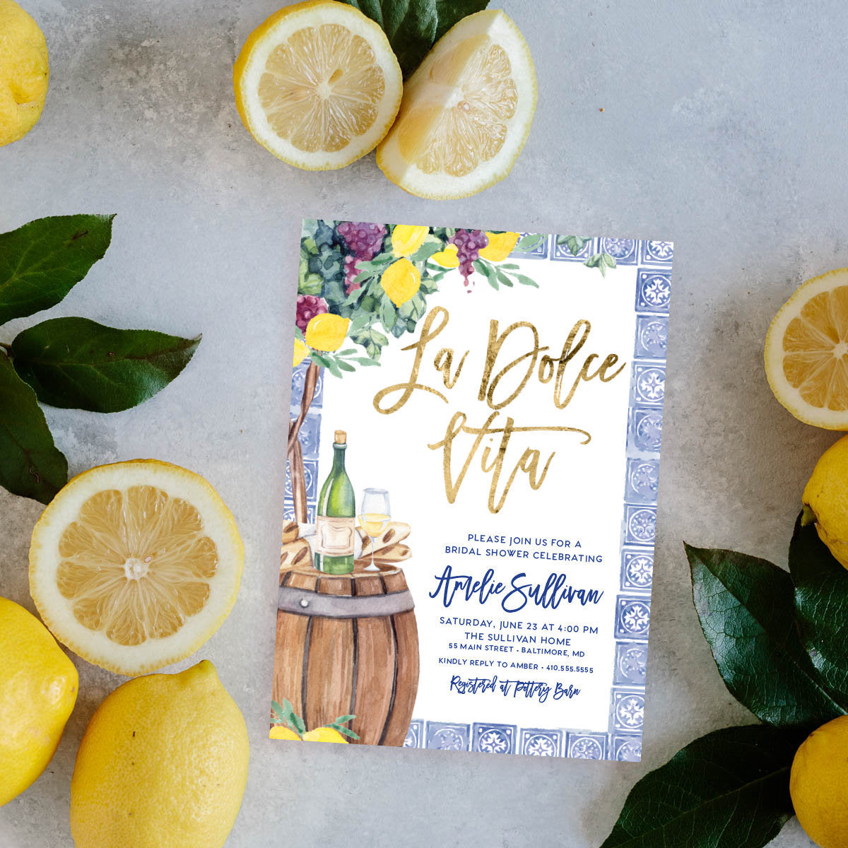 Tuscan lemon La Dolce Vita printed bridal shower invitations