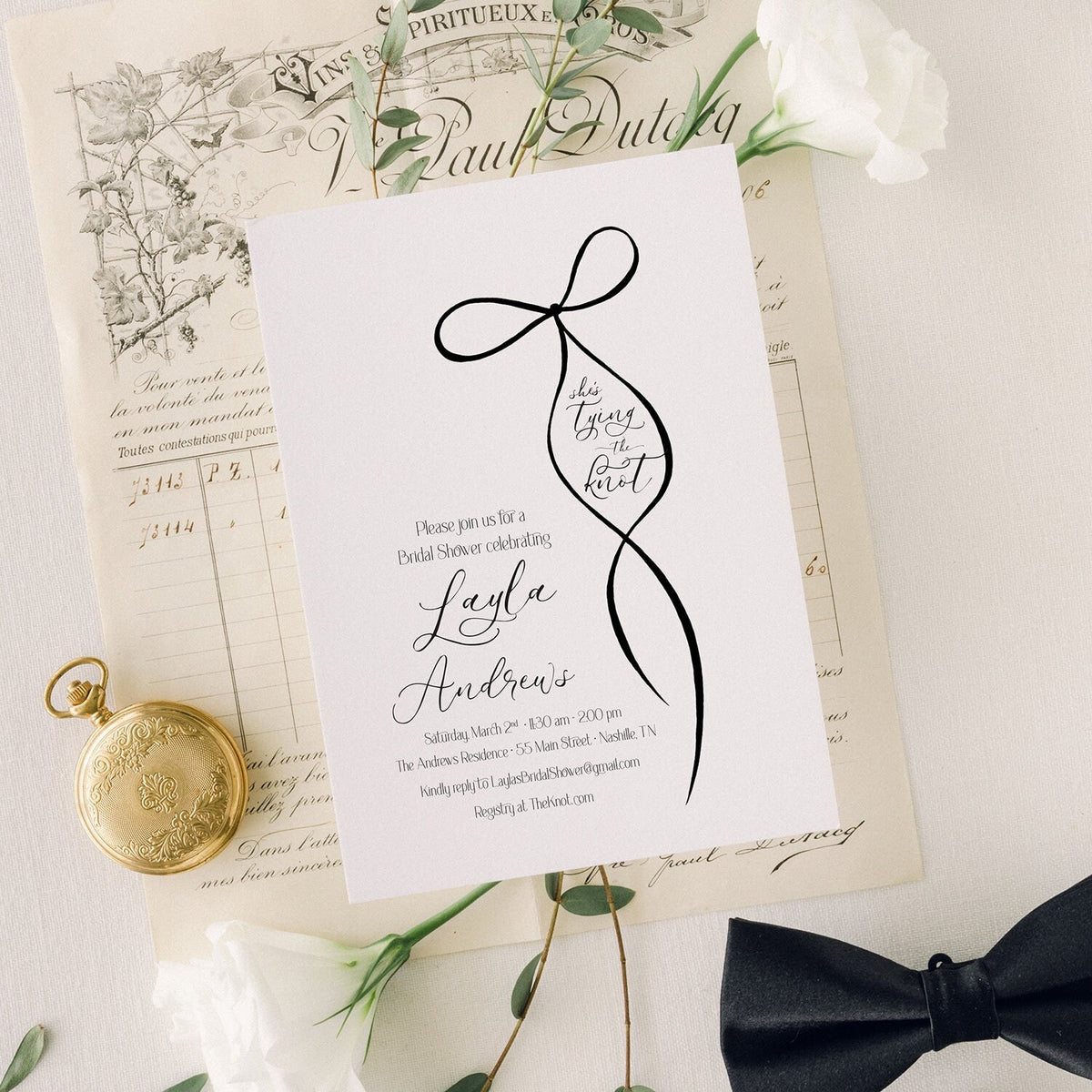 Tying the knot black and white bow printed bridal shower invitations