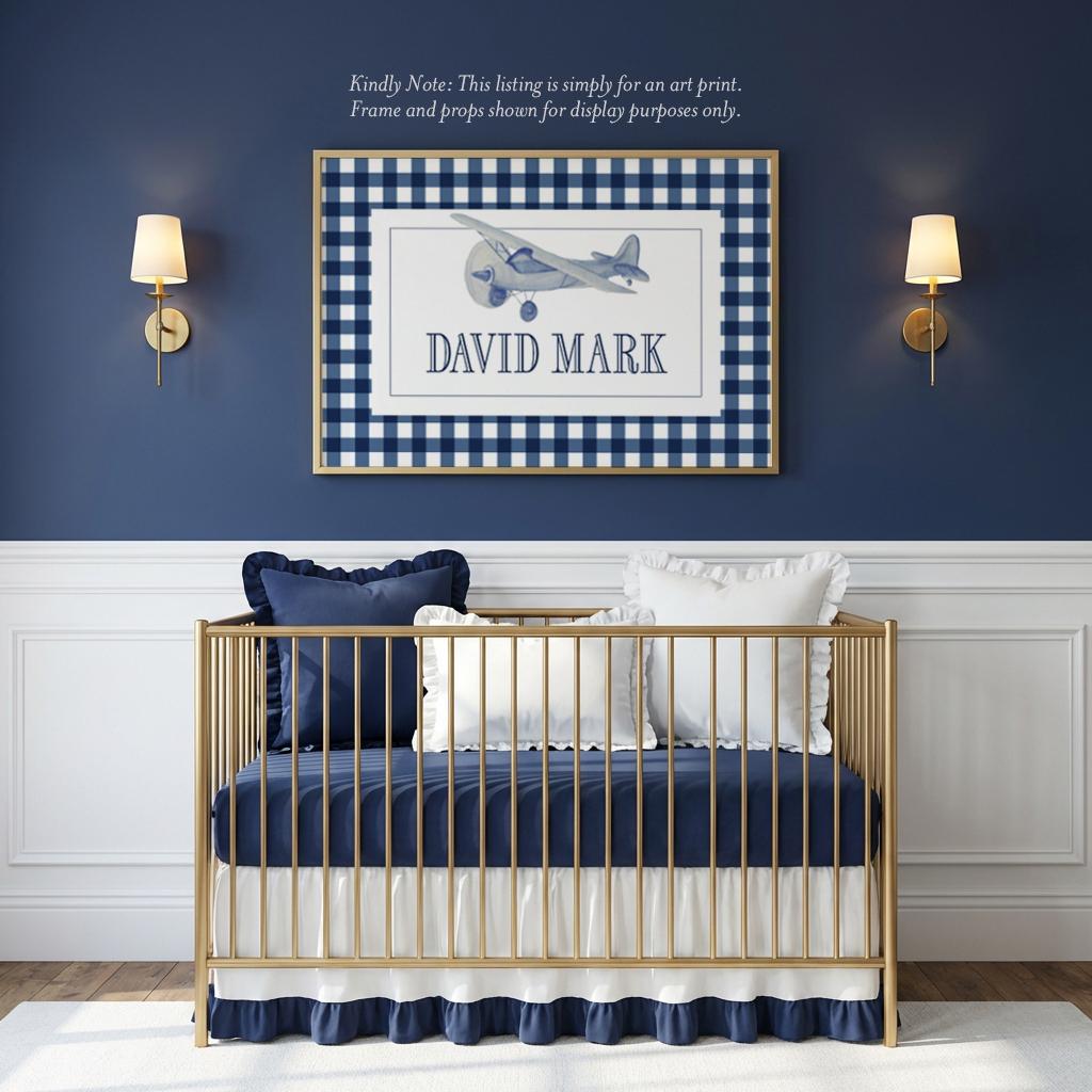 Watercolor Airplane Name Print: Navy Gingham Baby Boy Nursery Art - image 1