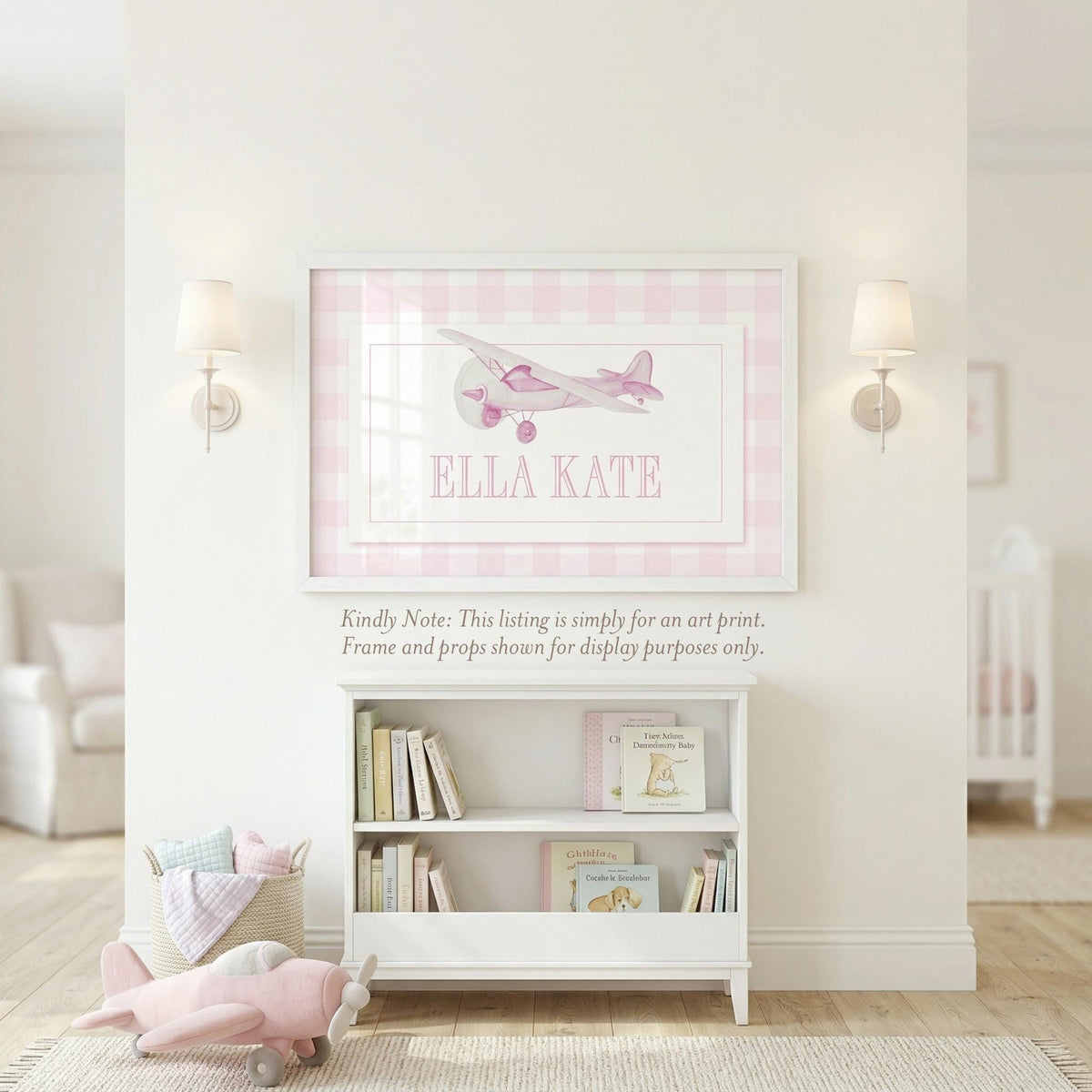 Watercolor Airplane Name Print: Pink Gingham Baby Girl Nursery Art - image 1