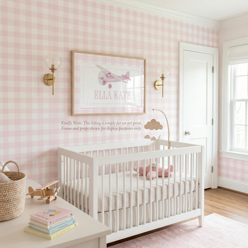 Watercolor Airplane Name Print: Pink Gingham Baby Girl Nursery Art - image 2