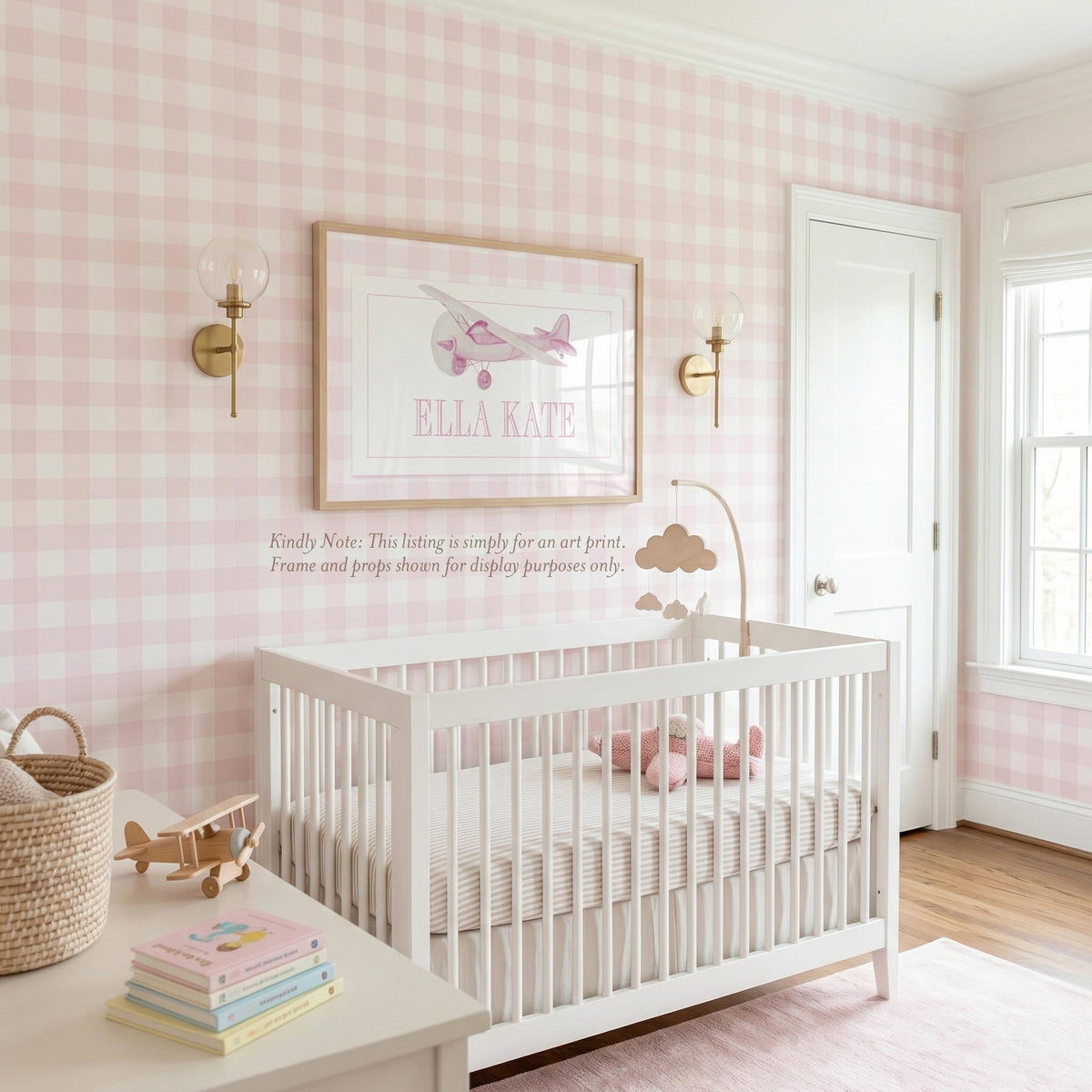 Watercolor Airplane Name Print: Pink Gingham Baby Girl Nursery Art - image 2