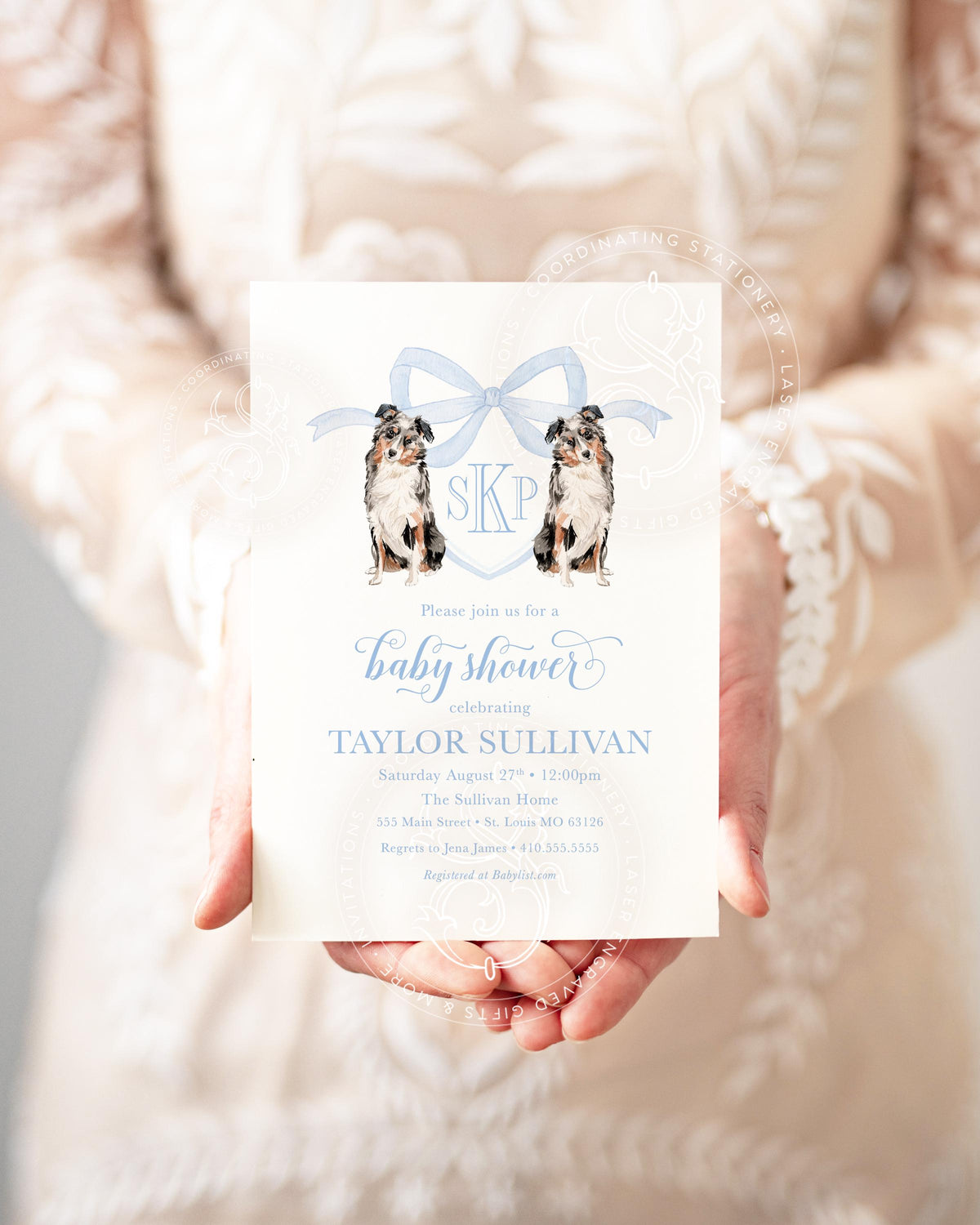 Watercolor Australian Shepherd Baby Shower Invitations: Blue Monogram Crest printed invitation