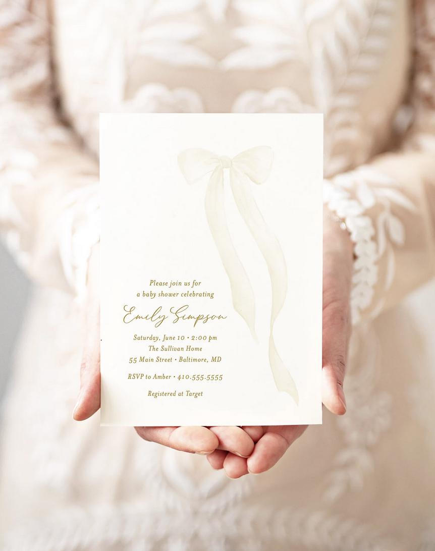 Watercolor Bow Baby Shower Invitations: Gender Neutral, Cream, Printed printed invitation
