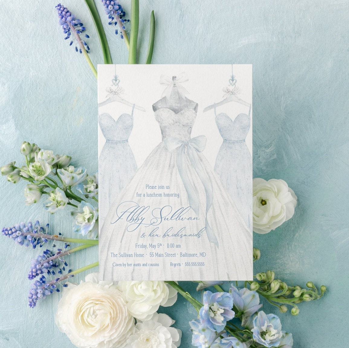 Watercolor classic wedding gown digital bridal luncheon invitation