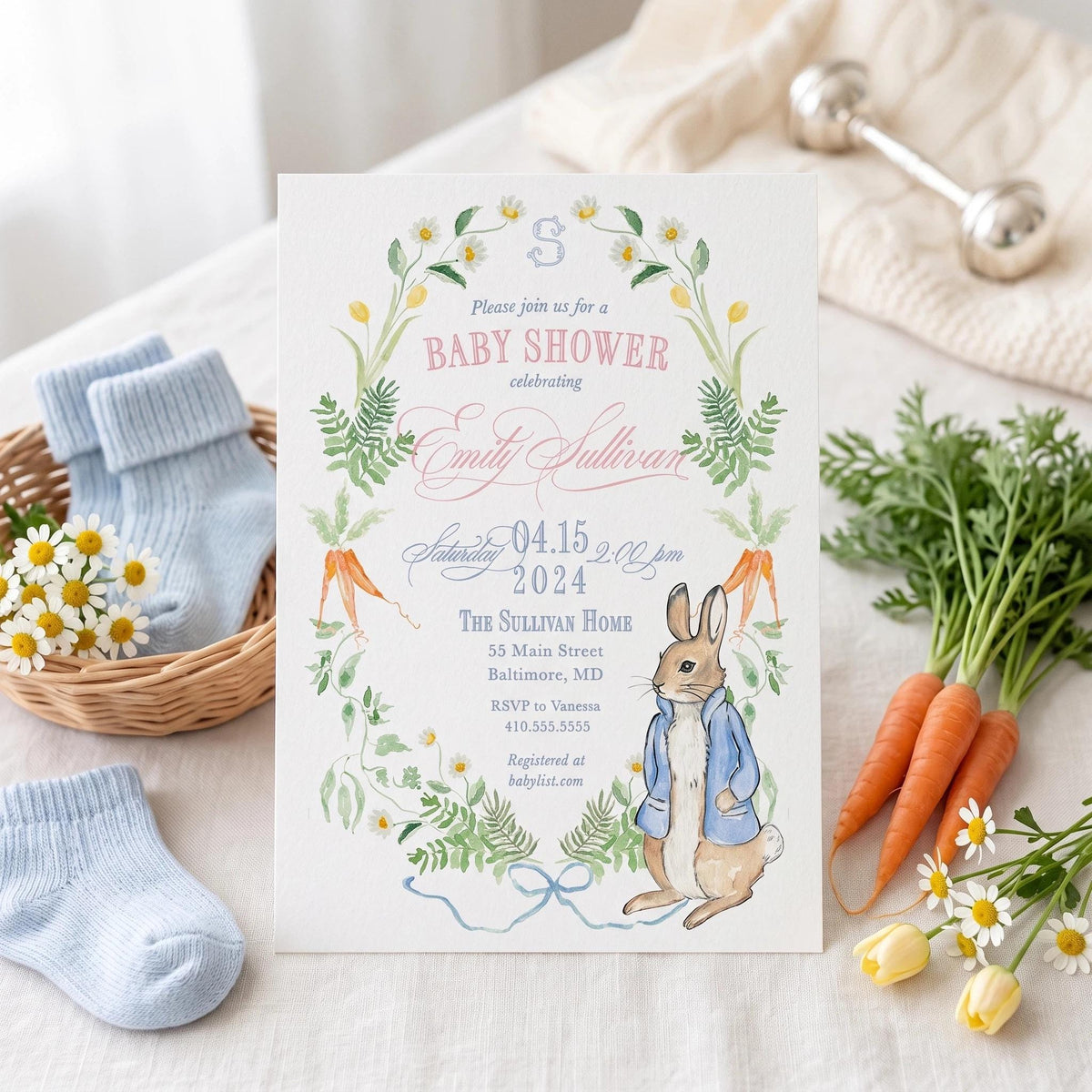 Watercolor Rabbit Baby Shower Invitation: Storybook Garden, Gender Neutral digital invitation