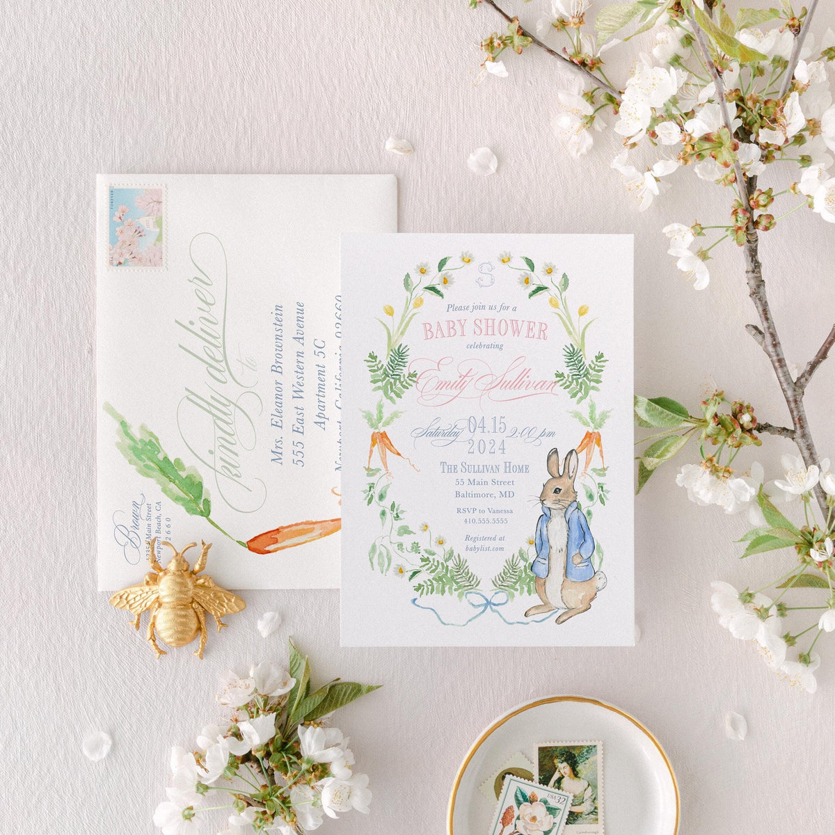 Watercolor rabbit storybook garden printed baby shower invitations