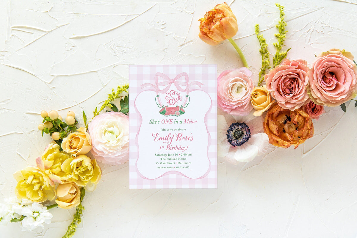 Watermelon Pink Gingham Bow First Birthday Invitation printed children's birthday invitation