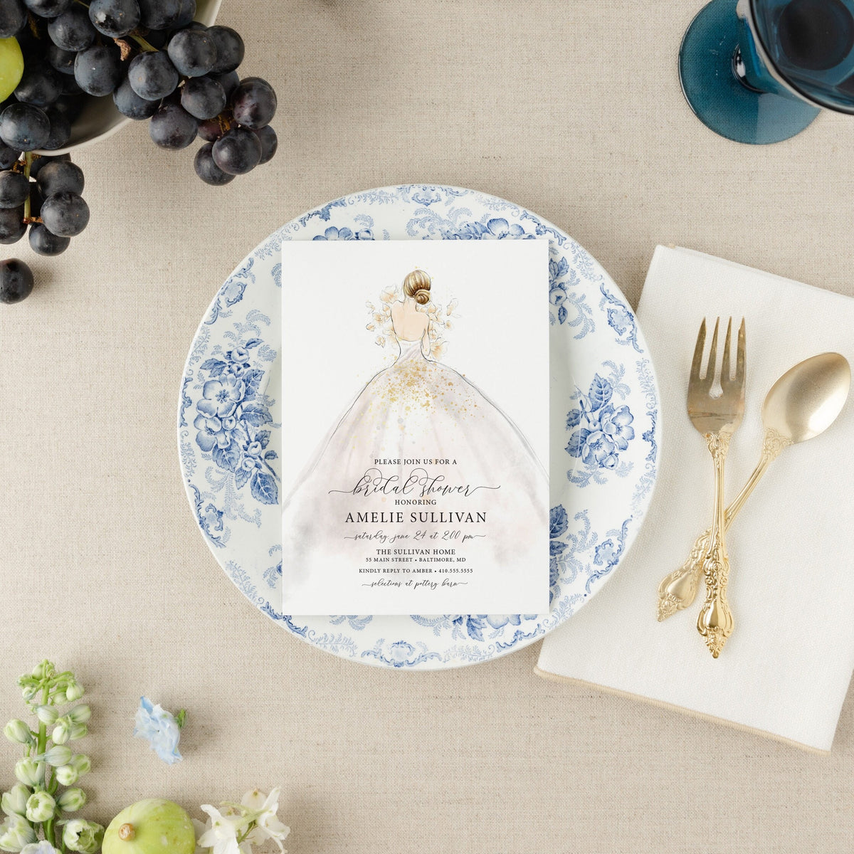 Wedding dress printed bridal luncheon invitations