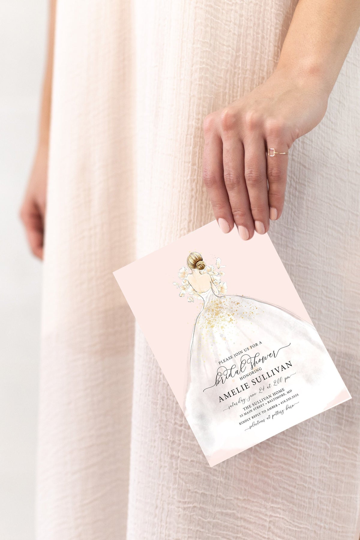 Wedding dress printed bridal shower invitations