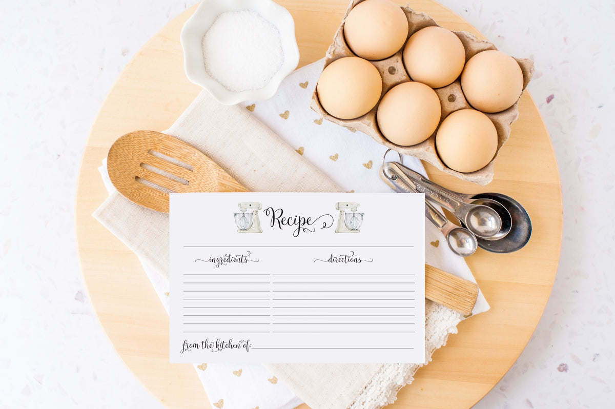 White mixer printed bridal shower recipe cards