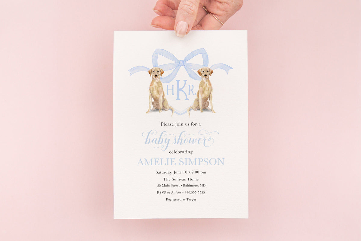 Yellow Labrador blue monogram bow digital baby shower invitation
