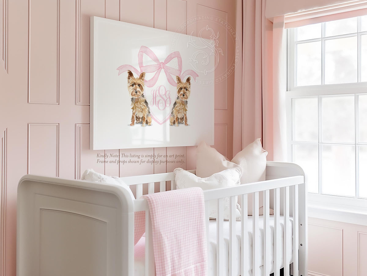 Yorkie Nursery Art: Pink Monogram Crest, Yorkshire Terrier Print - image 1