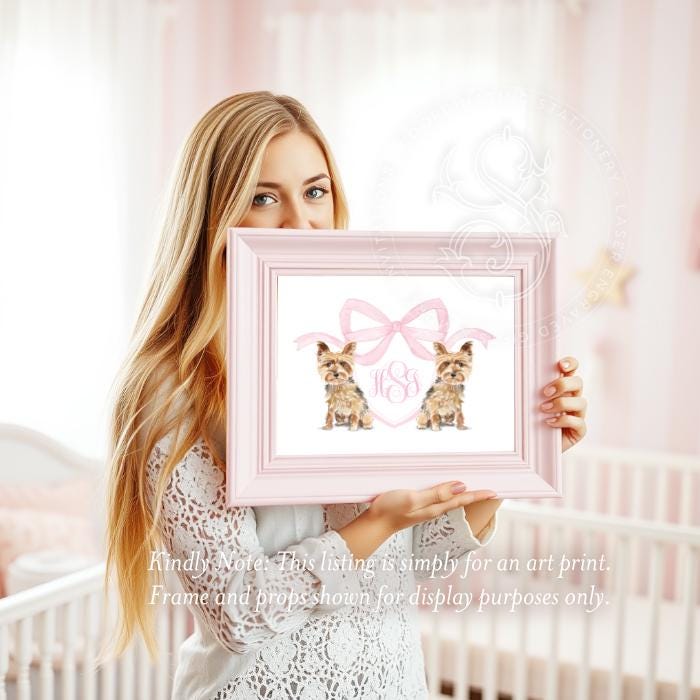 Yorkie Nursery Art: Pink Monogram Crest, Yorkshire Terrier Print - image 2